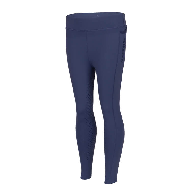 Aubrion React Non-Stop Riding Tights Young Rider Midnight with pocket, textured lower legs.