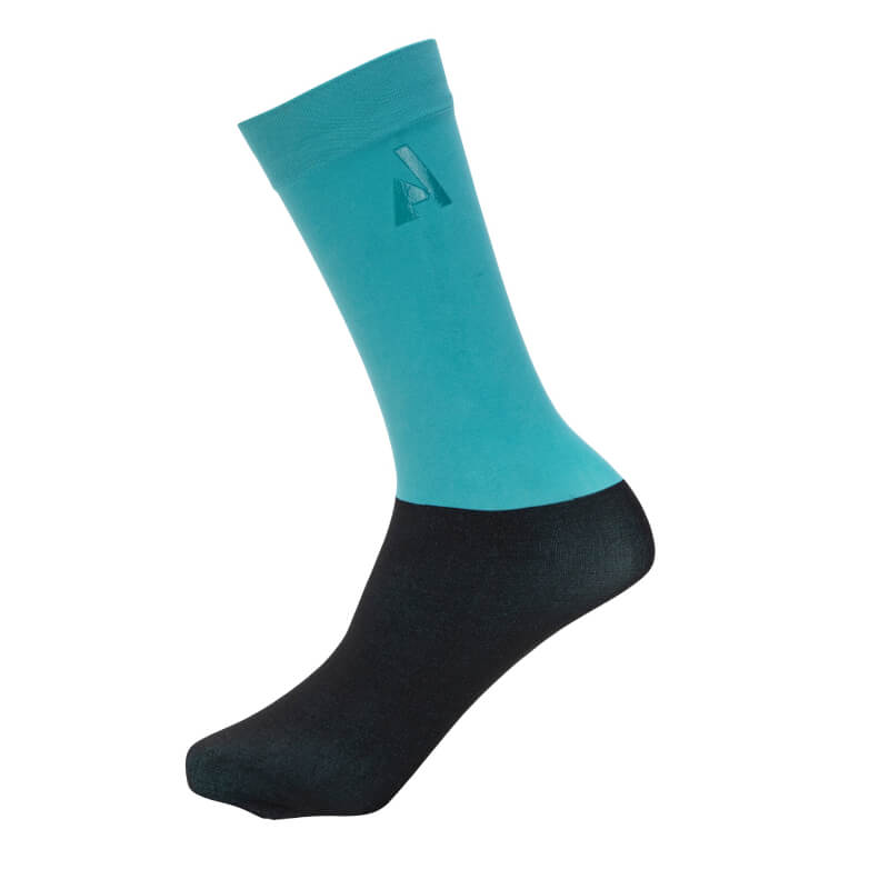 Aubrion React Young Rider Socks Haze: blue and black, AUBRION text, for top youth performance.