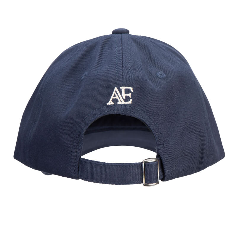 Aubrion Equestrian Cap Midnight: navy blue cap with white Aubrion Equestrian embroidery.