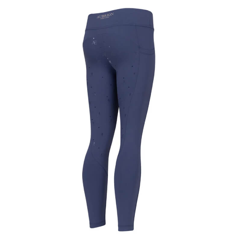 Aubrion Young Rider Riding Tights in Midnight with small logo near waist on plain background.