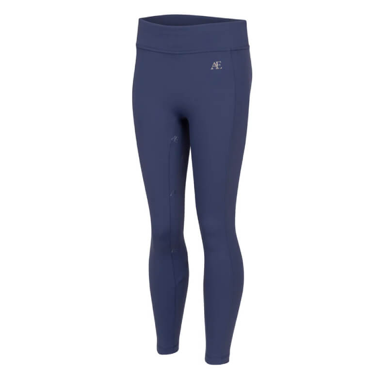 Aubrion Young Rider Riding Tights in Midnight with small logo near waist on plain background.