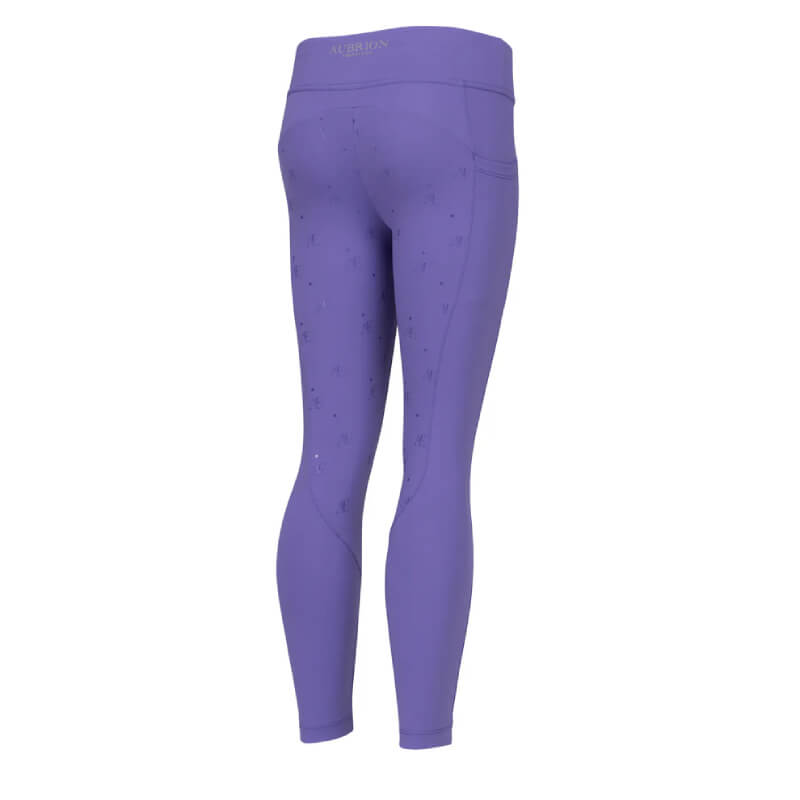 Aubrion Equestrian Young Rider Riding Tights Heather, full seat silicone grip, on white.