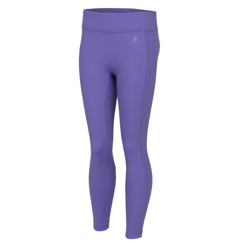 Aubrion Equestrian Young Rider Riding Tights Heather, full seat silicone grip, on white.
