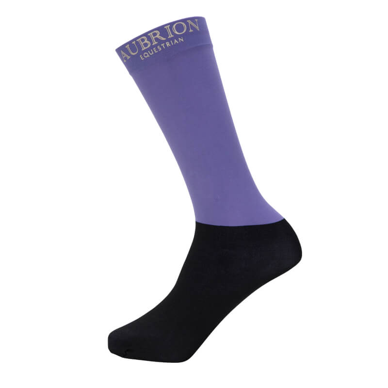 Purple & black Aubrion Young Rider socks with “Aubrion Equestrian” on the calf.