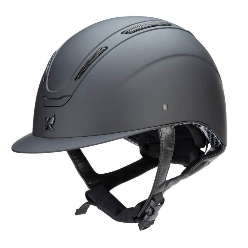Shires Karben Amity SMRT Riding Hat Black with chin strap, front view for safety riding.