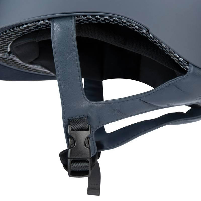Close-up of Shires Karben Amity SMRT Riding Hat Navy with chin strap, mesh interior, and buckle.