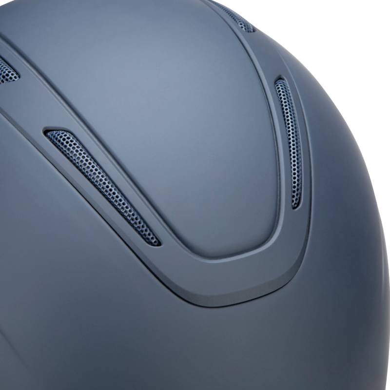 Close-up of the Shires Karben Amity SMRT Riding Hat Navy with vents and a curved matte finish.