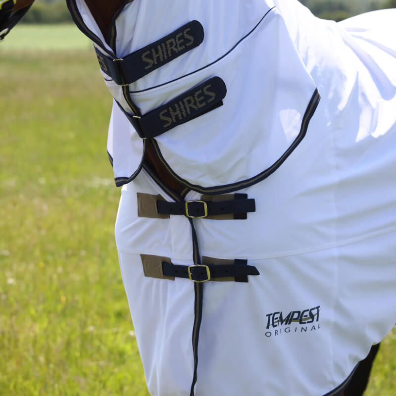 A horse in a Shires Tempest Original White/Navy Fly Rug stands in a grassy field.
