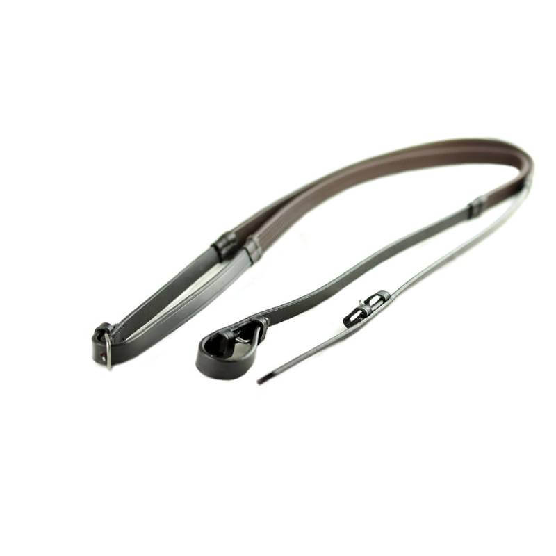 Dever Ascot Rubber Grip Reins, brown and black with metal buckle, riding style.