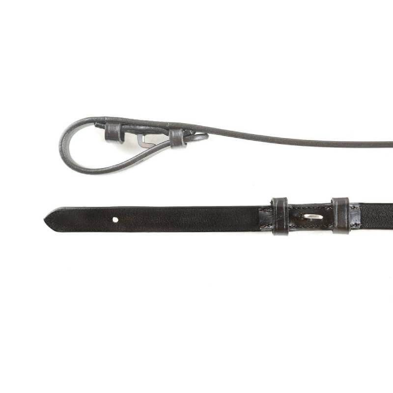 Close-up of Dever Ascot Rubber Grip Reins in black with looped end and single fastening hole.