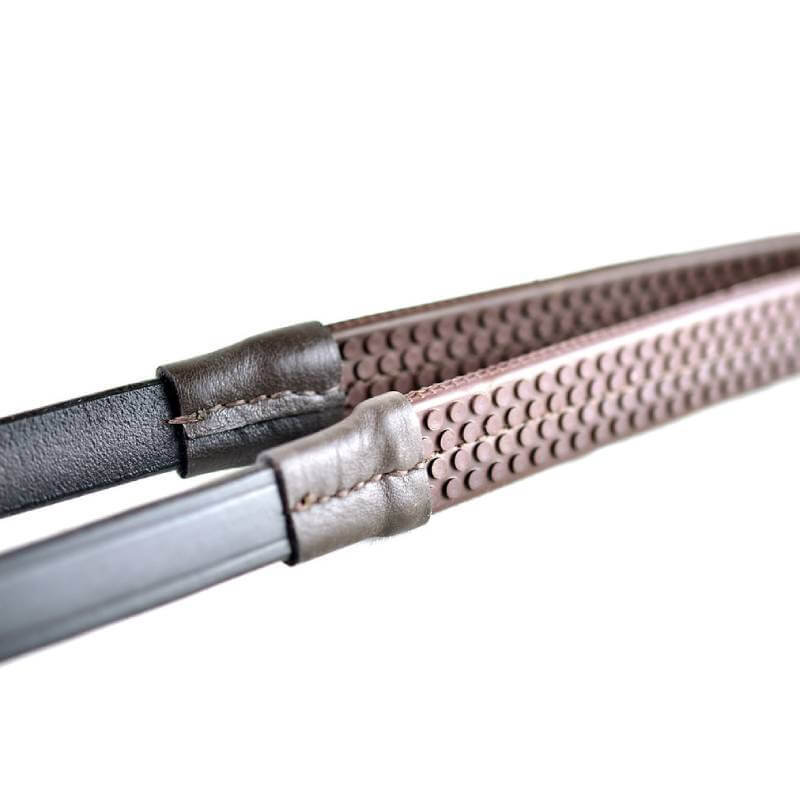 Dever Ascot Rubber Grip Reins: brown leather, black straps, durable rubber grip for riding.
