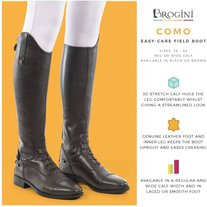 Brogini Como V2 Riding Boots in brown, black soles; side and front views on yellow.