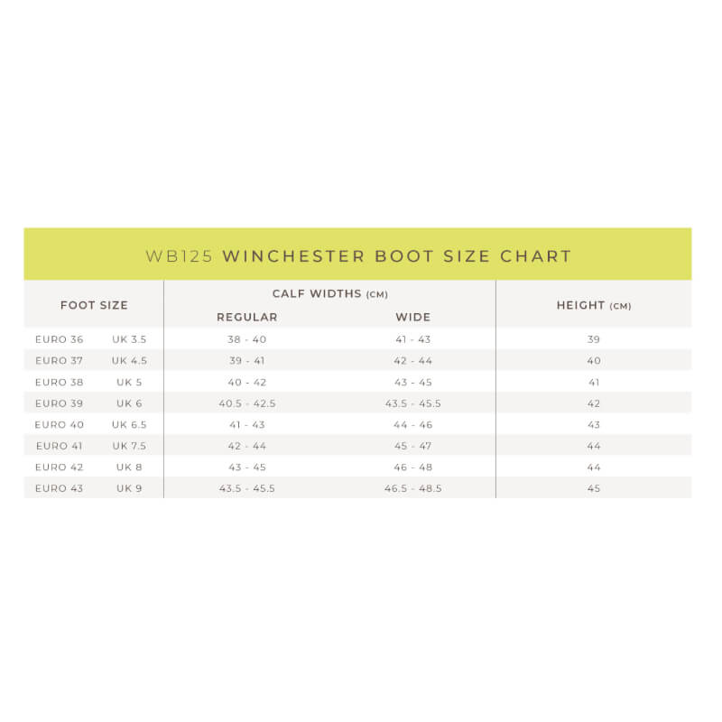Brogini Winchester Country Boots size chart: foot sizes, calf widths & heights in cm.