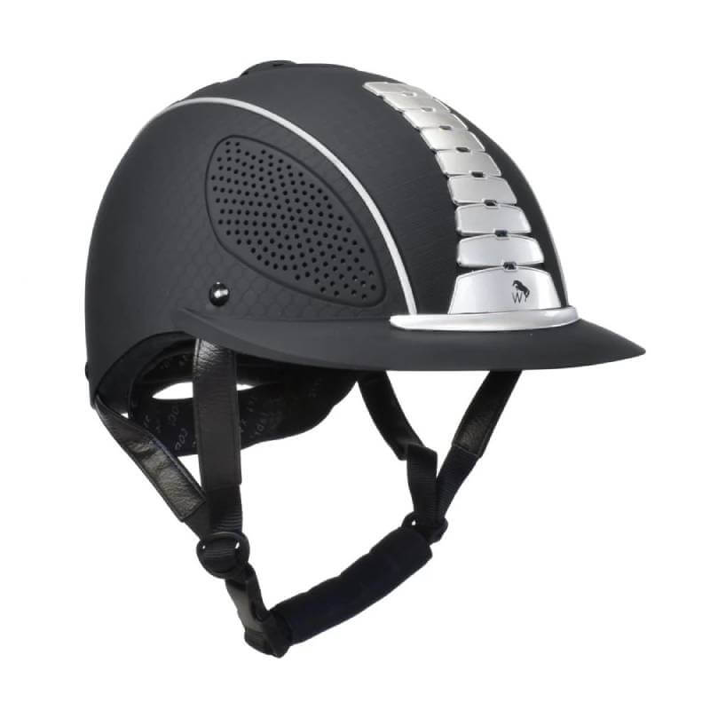 John Whitaker Horizon Helmet Black with silver stripe, chin straps, and ASTM F1163-15 certified.