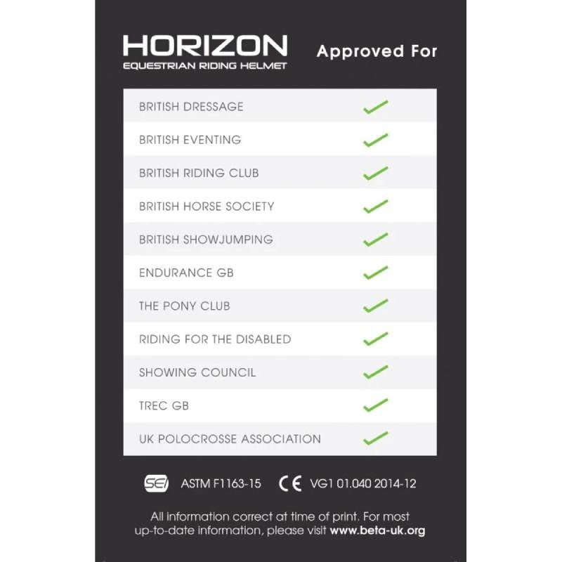 John Whitaker Horizon Helmet Black: green check for SEI ASTM F1163-15 approval.