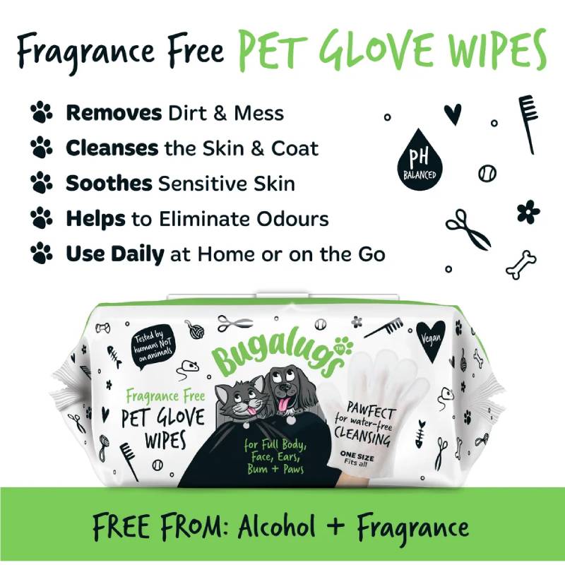 Bugalugs Fragrance Free Glove Pet Wipes for Full Body, Bum & Paws 30 Glove Wipes