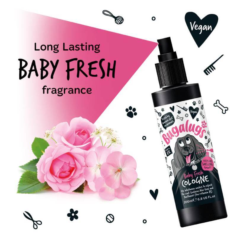 Bugalugs Baby Fresh Dog Cologne 200ml: baby powder scent, vegan formula, pink roses packaging.