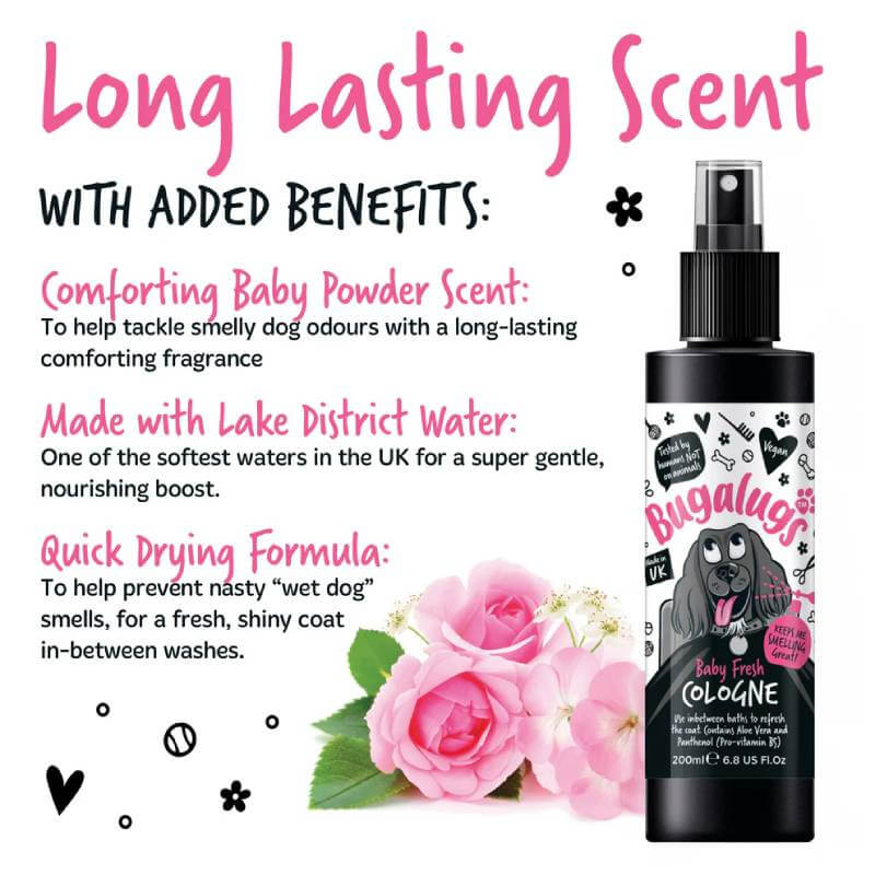 Bugalugs Baby Fresh Dog Cologne 200ml with a long-lasting baby powder scent and benefits.