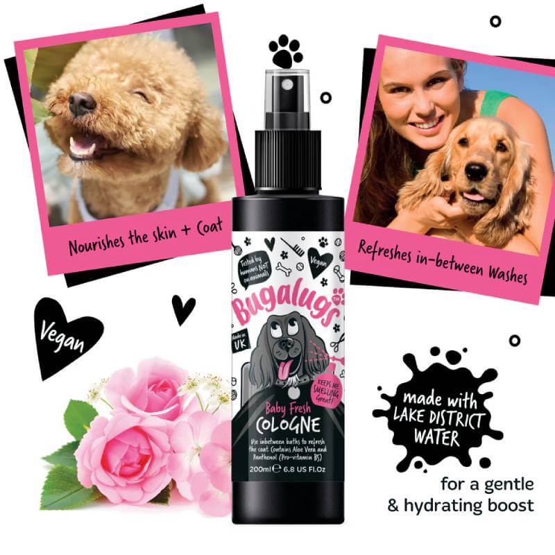 Bugalugs Baby Fresh Dog Cologne 200ml with hydrating, baby powder scent and pink accents.