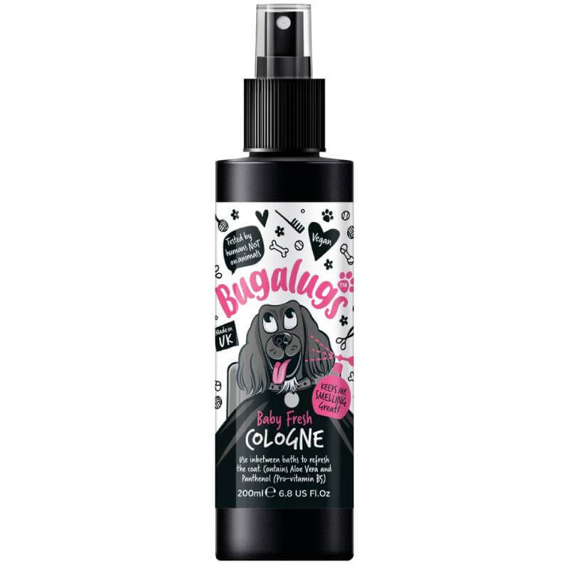 Bugalugs Baby Fresh Dog Cologne 200ml with baby powder scent and cute cartoon dog label.