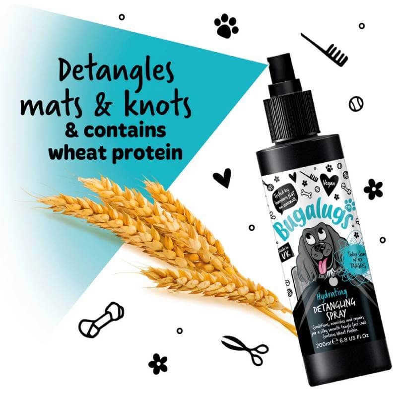 Bugalugs Detangling Spray Original for Dogs 200ml bottle beside wheat with benefits text.