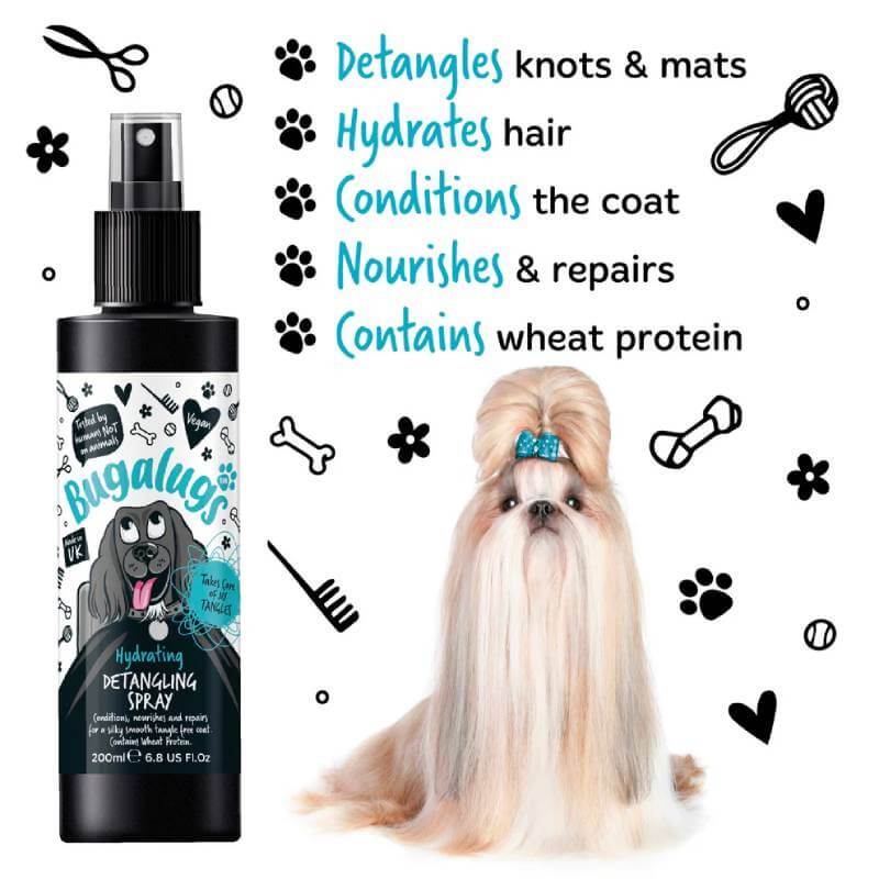 Bugalugs Detangling Spray Original for Dogs 200ml beside a well-groomed, long-haired dog.