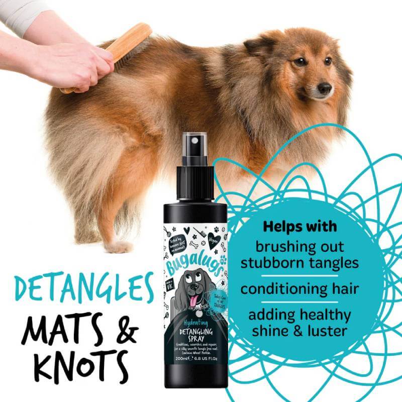Person brushes long-haired dog with Bugalugs Detangling Spray Original for Dogs, 200ml.