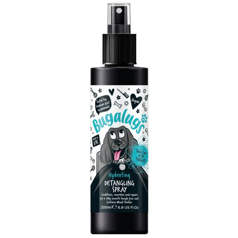 Bugalugs Detangling Spray Original for Dogs 200ml in a black bottle with a dog on the label.