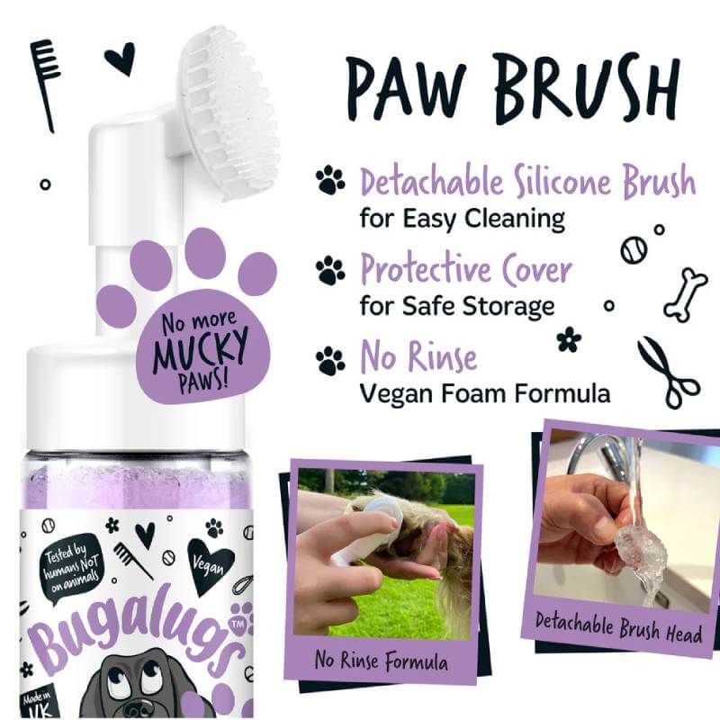 Bugalugs No Rinse Paw Cleaner 200ml with silicone brush, detachable head & soothing formula.
