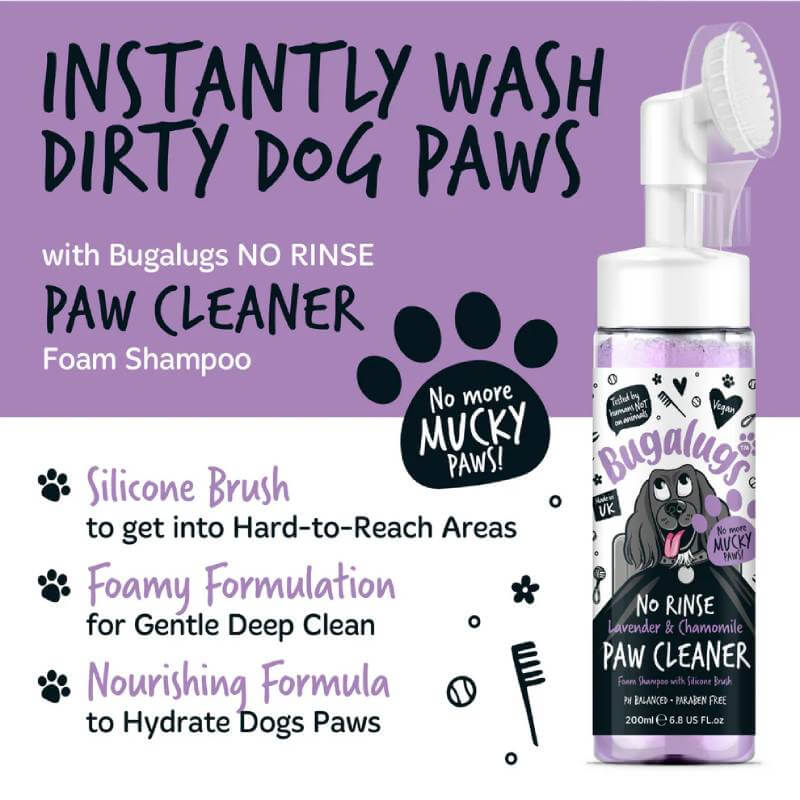 Bugalugs No Rinse Paw Cleaner for Dogs & Cats, lavender & chamomile, 200ml with silicone brush.