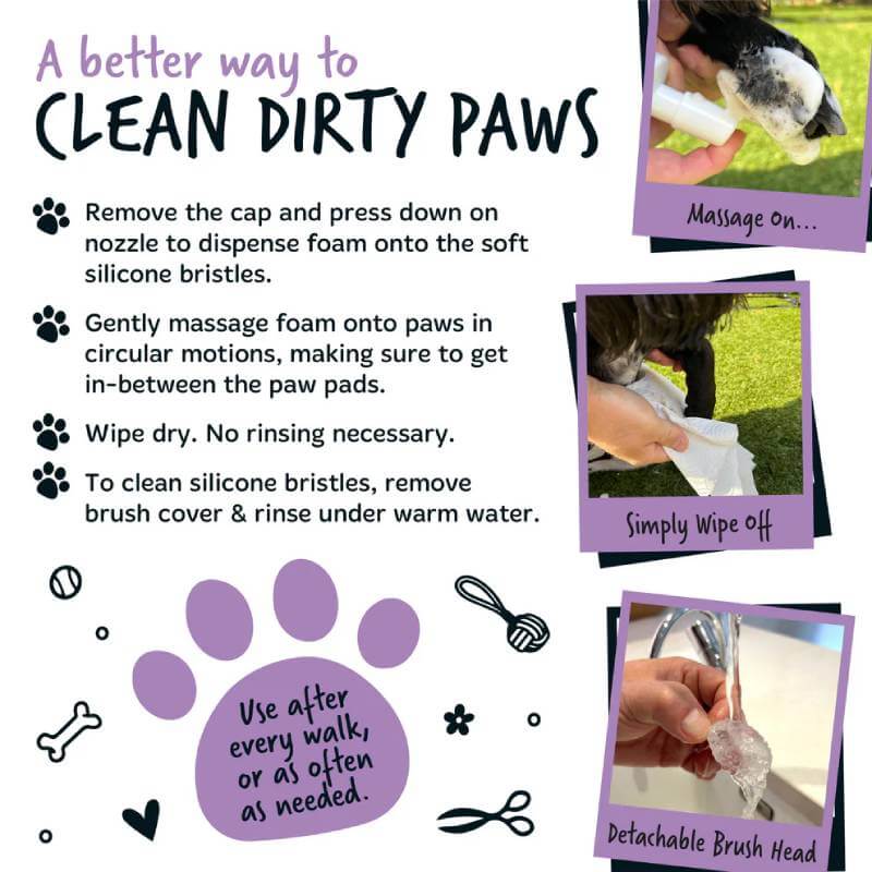 Clean your pet’s paws with Bugalugs No Rinse Paw Cleaner Lavender & Chamomile and silicone brush.