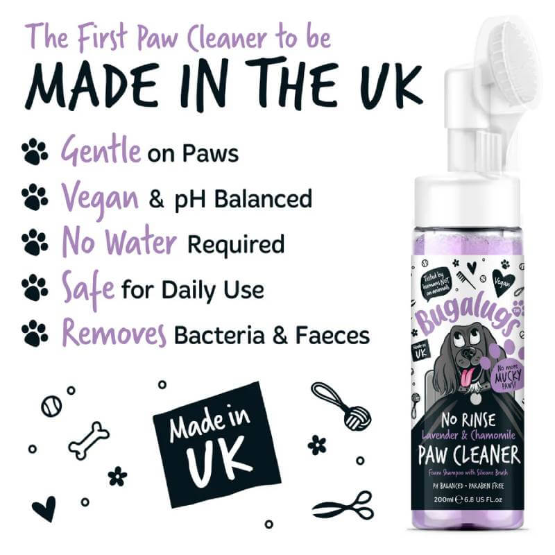 Bugalugs No Rinse Paw Cleaner 200ml—gentle, vegan, removes bacteria & faeces for pets.