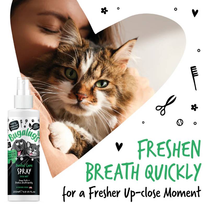 Woman hugs cat with Bugalugs Dental Care Spray for Dogs & Cats – Freshen Breath Quickly.