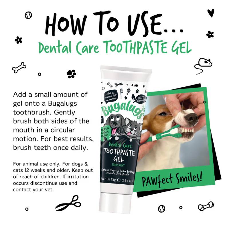Bugalugs Dental Care Toothpaste Gel 75g for dogs & cats with fresh breath and instructions.