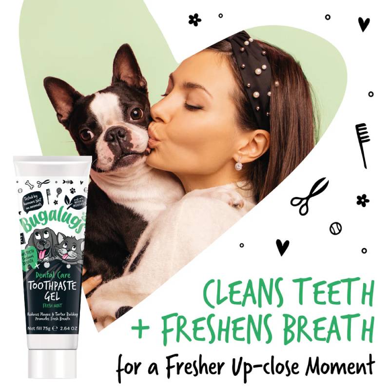 Woman kisses Boston Terrier using Bugalugs Dental Care Toothpaste Gel for fresh breath & clean teeth.