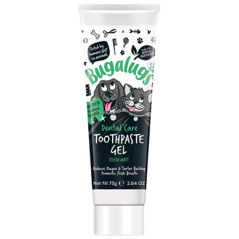 Bugalugs Dental Care Toothpaste Gel for Dogs & Cats 75g with a cartoon pet label.
