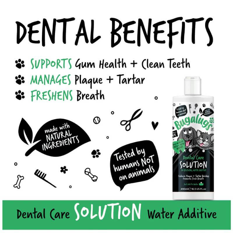 Bugalugs Dental Care Water Solution Additive 490ml helps remove plaque and tartar in pets.