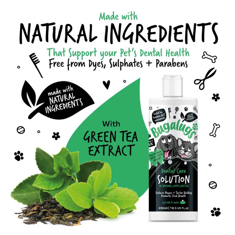 Bugalugs Dental Care Water Solution Additive removes plaque and tartar for dogs & cats.