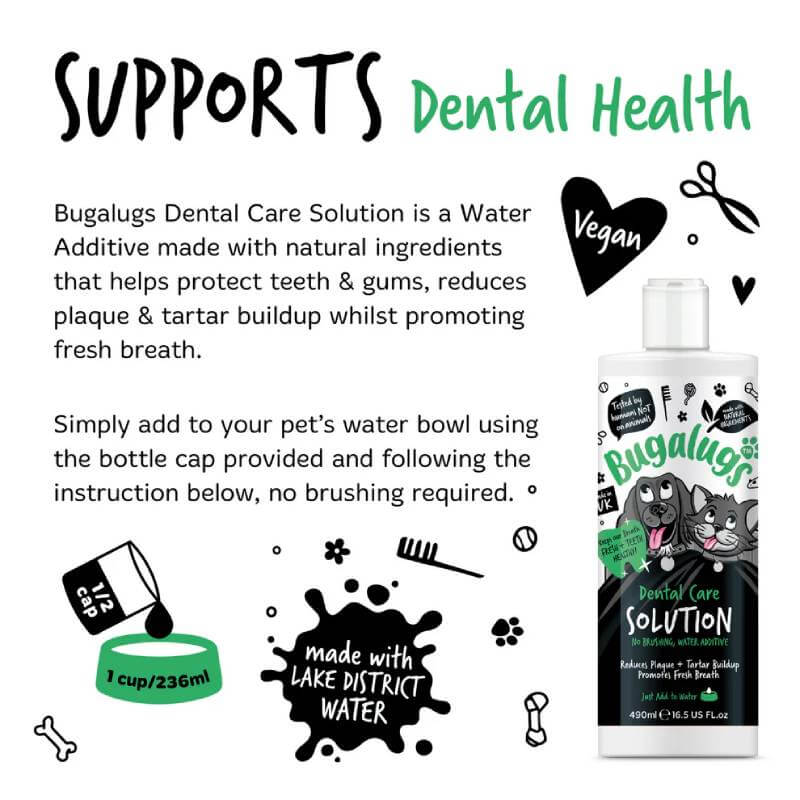 Bugalugs Dental Care Water Solution Additive 490ml for oral health in dogs & cats.