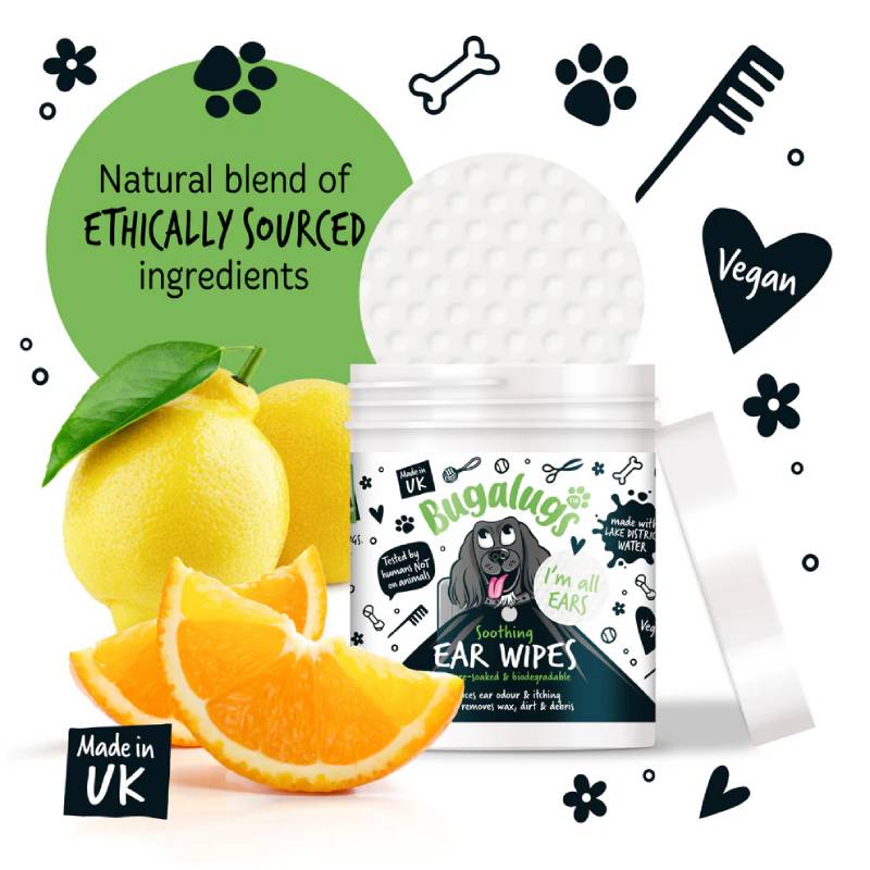 Bugalugs Soothing Ear Wipes for Dogs & Cats 100pk with lemon, orange, leaves, and eco icons.