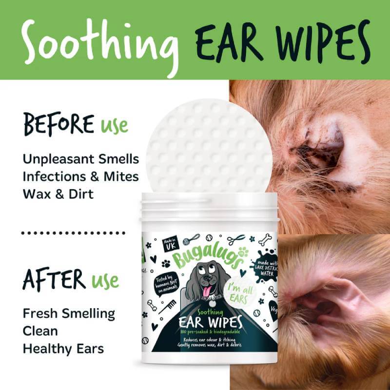 Bugalugs Soothing Ear Wipes for Dogs & Cats 100pk with visible before and after cleaning results.