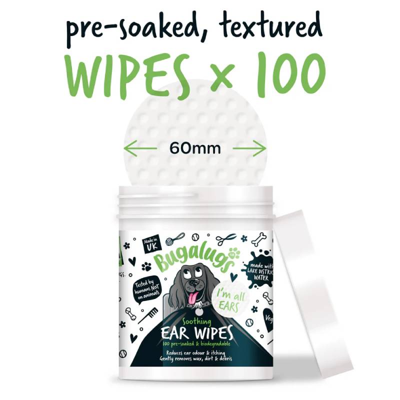 Bugalugs Soothing Ear Wipes for Dogs & Cats, 100pk, with textured pads for gentle cleaning.
