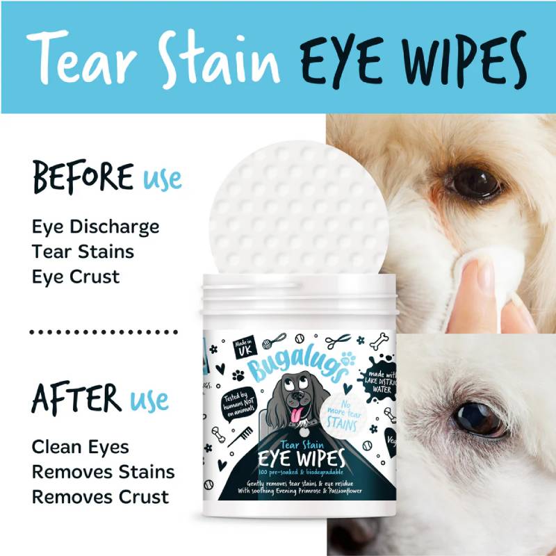 Bugalugs Tear Stain Eye Wipes for Dogs & Cats 100pk with clean vs dirty eye comparison.