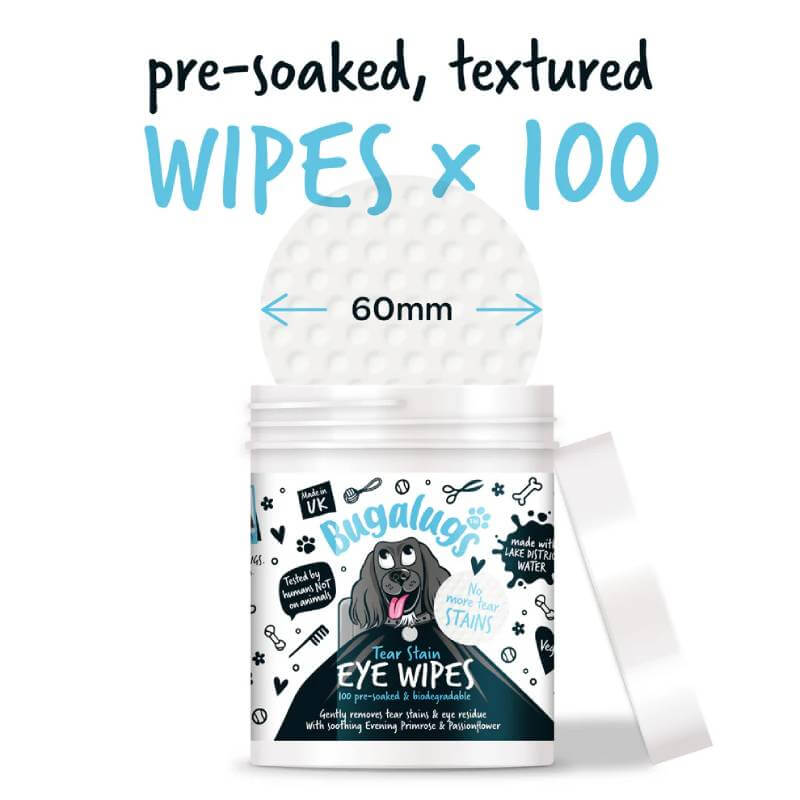 Bugalugs Tear Stain Eye Wipes for Dogs & Cats 100pk—round, textured, biodegradable wipes.