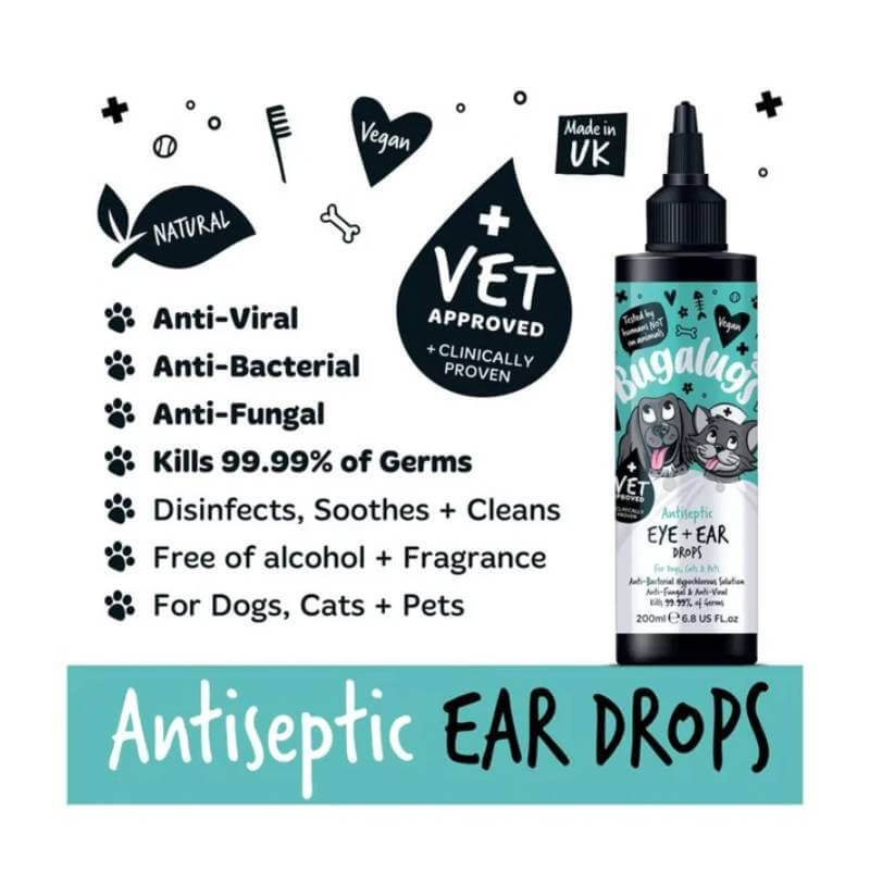 Bugalugs Antiseptic Eye & Ear Drops 200ml for dogs & cats—vet-approved infection relief.