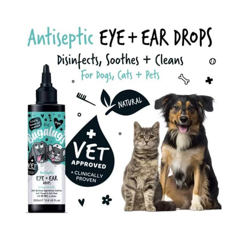 Bugalugs Antiseptic Eye & Ear Drops 200ml for dogs and cats—ideal for infection relief.