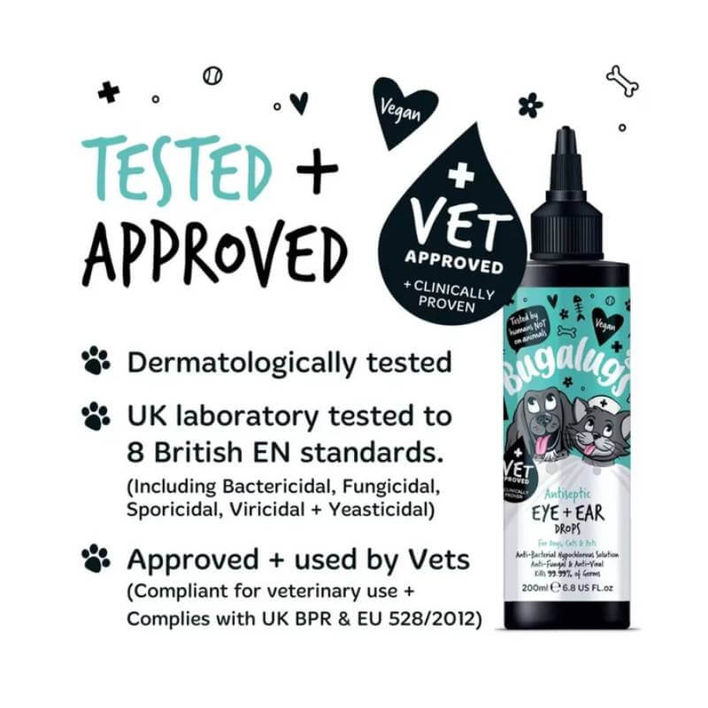 Bugalugs Antiseptic Eye & Ear Drops 200ml for dogs & cats, vet approved & tested.