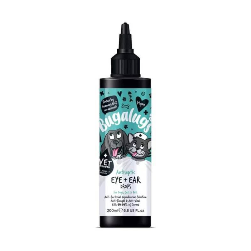Bugalugs 200ml Antiseptic Eye & Ear Drops for Dogs & Cats, with cartoon dog illustrations.