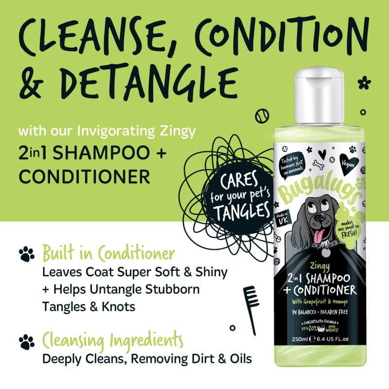 Bugalugs 2in1 Grapefruit & Orange Zingy Dog Shampoo & Conditioner cleans and refreshes dogs.