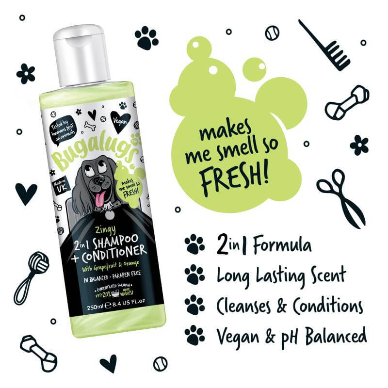 Bugalugs 2in1 Grapefruit & Orange Dog Shampoo & Conditioner 250ml with listed benefits.